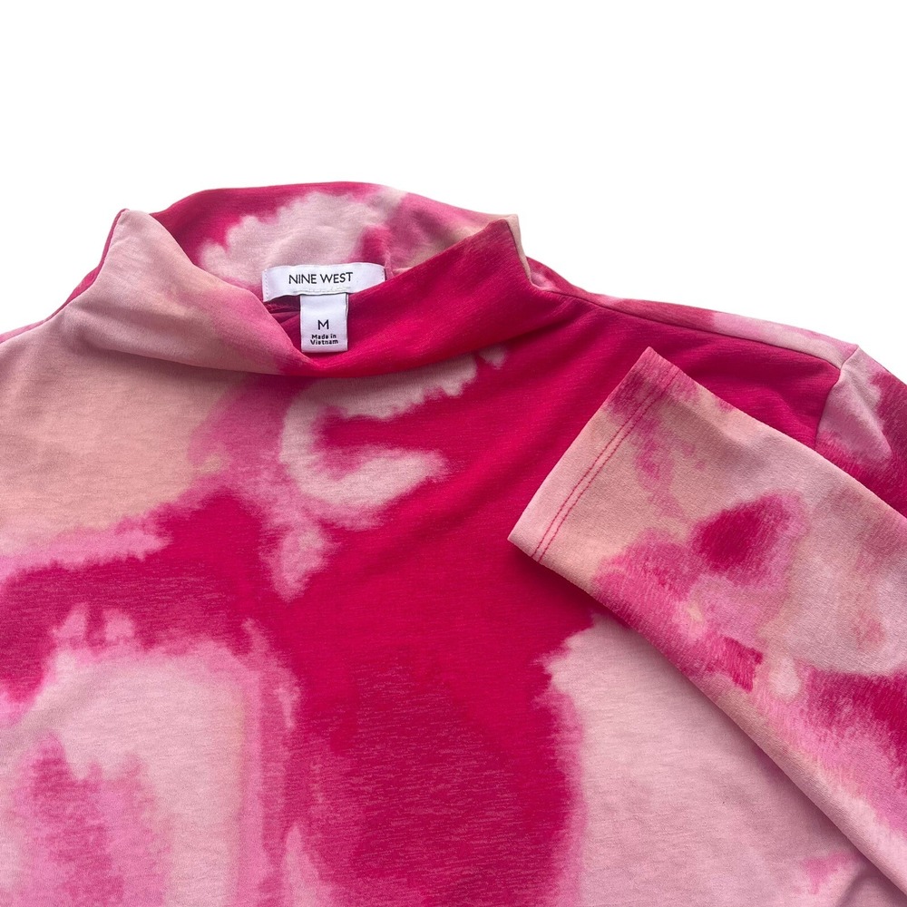 Nine West Women M Pink Abstract TieDye Mock Neck Ruched Side Long Sleeve Top Y2K